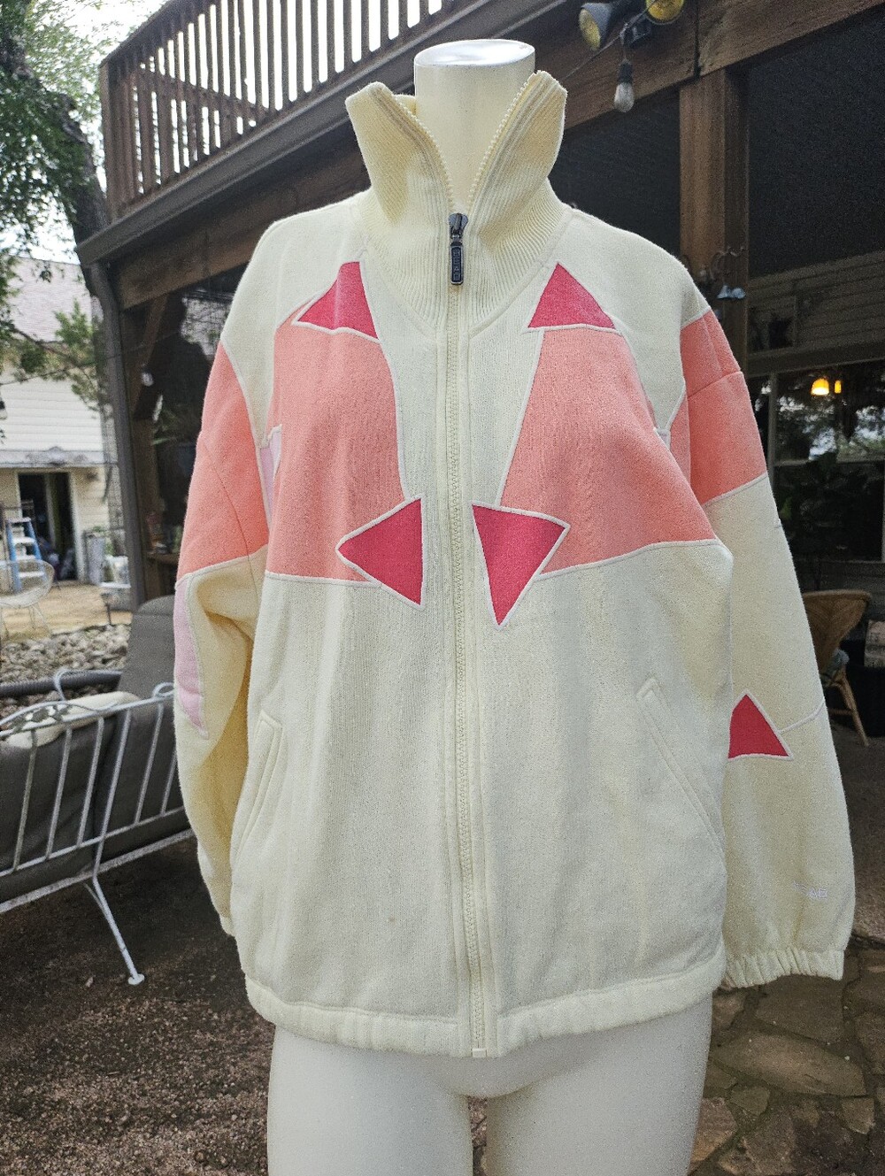Vintage 80's HEAD Cream Fleece Zip Jacket with Pink & Coral Geometric Panels M
